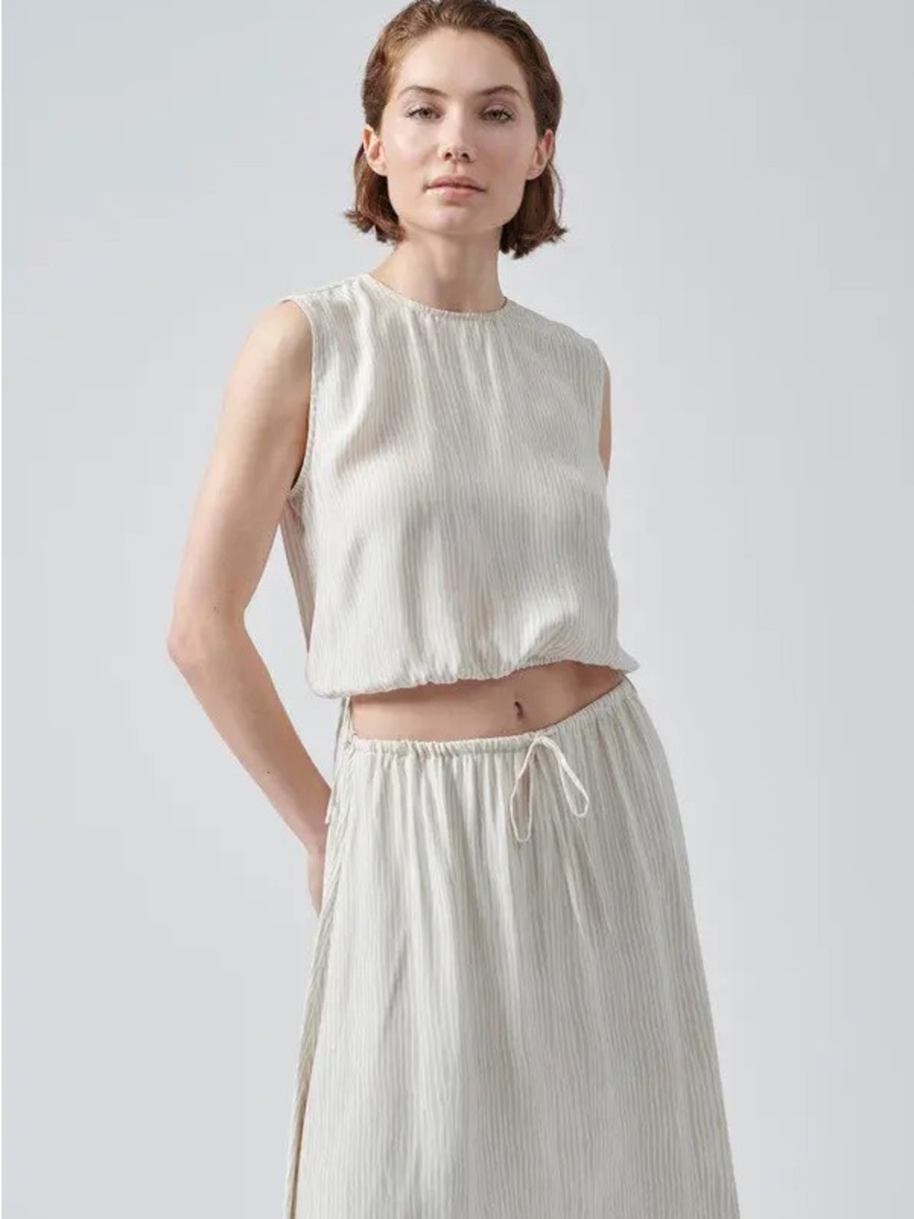 ATM Anthony Thomas Melillo Stripe Silk Crop Top Small Beach Pebble Combo